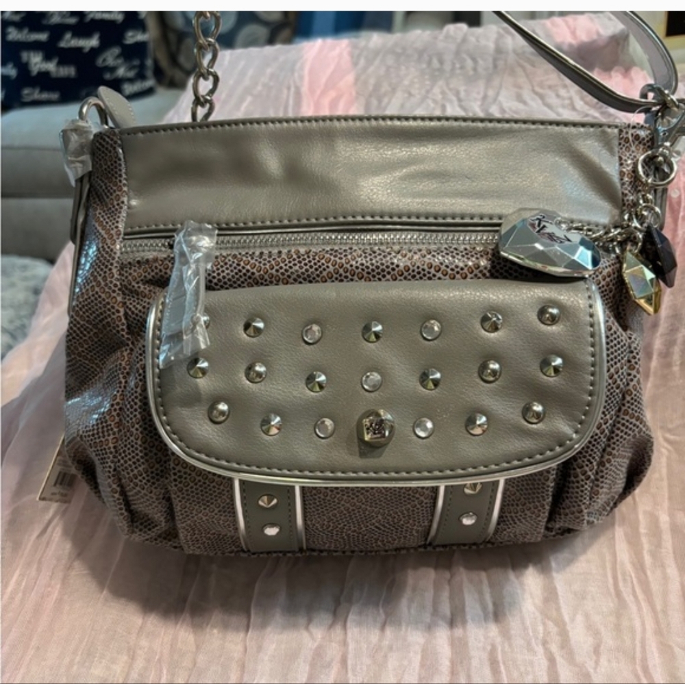 Kathy Van Zeeland Studded Metallic Gray Crossbody Bag With Large Bag Charm